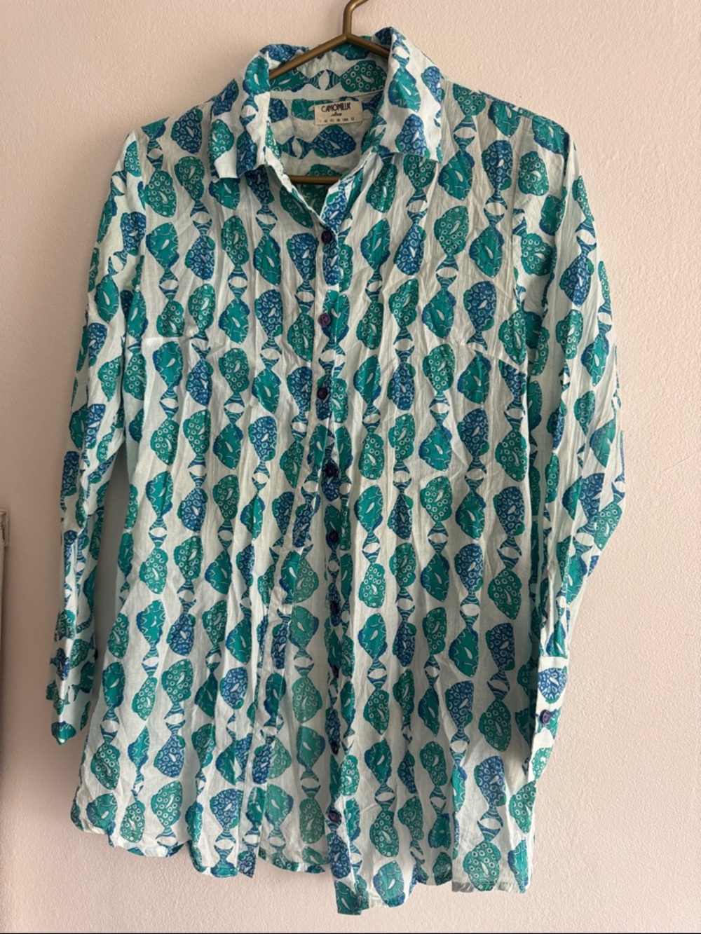 Lightweight Turquoise & Teal Printed women’s long shirt 100% cotton